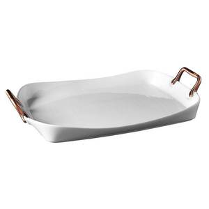 lot 15864 image: NIB - Denmark 19.5 Rectangular White Porcelain Serving Tray with Copper Handles