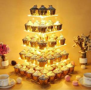 lot 15880 image: Lot of 2 - Vdomus 5 Tier Acrylic Square Cupcake Pastry Display Stand with LED String Lights