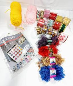 lot 15892 image: Lot Of Yarn & 16 Rolls of Ribbon including Vintage & Christmas Ribbon, & Lion Brand Fun Fur Yarn