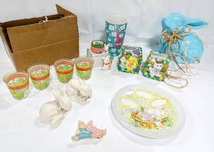 lot 15896 image: Easter Lot with 4 New 2.5 Votive Candle Holders, Ceramic Figurines & Planters, A 1982 AVON Keepsake Plate & More