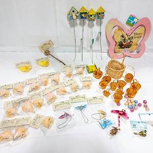 lot 15898 image: Lot of Easter Craft Ornaments - (17) 2.5 Feather Chicks, Birds, Moths, Mini 14 Birdhouse Picks, (12) Miniature Baskets & More