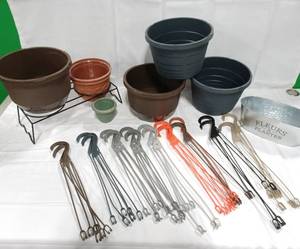 lot 15903 image: Lot of 4 - 10 Hanging Basket wTag Slots & (18) 3-strand Hangers for Plastic Hanging Baskets  Bonus Planters & Stand