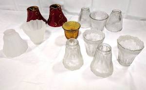 lot 15908 image: Lot of 12 Vintage and Newer Glass & 2 Fabric Lamp Shades - Measurements are in the Photos