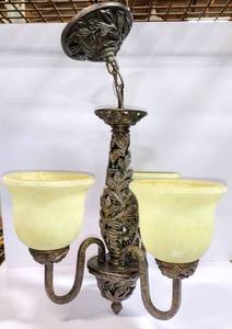 lot 15928 image: Ornate 3 Arm Chandelier w Glass Globes - Measurements are in the Photos