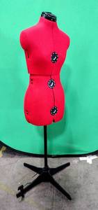 lot 100 image: $$$ 13 Dials  Female Fabric Adjustable Red Mannequin Dress Form for Sewing (Size Medium) Body Torso w Stand - Measurements in Details