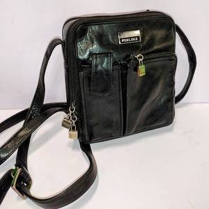 lot 16003 image: Perlina Black Leather Crossbody Purse - Adjustable Strap, IDCard Organizer, 2 Sections & Zipper Compartment Inside - Appears New