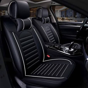 lot 1542 image: REESOO Car Seat Cover Cushions PU Leather, Front Rear Full Set Car Seat Covers for 5 Seats Vehicle Suit (Black White 3)