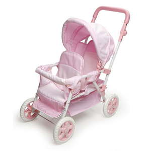 lot 1607 image: Badger Basket Folding Double Doll Front-to-Back Stroller - PinkGingham -