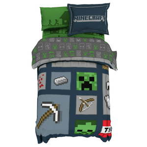 lot 3014 image: Minecraft Icons Adventure Kids 2-Piece TwinFull Reversible Comforter and Sham Bedding Set Microfiber Green Mojang