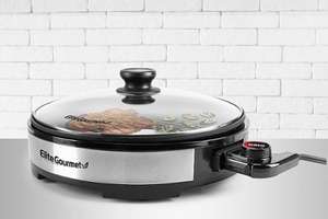 lot 3024 image: Elite Gourmet - 12 Deluxe Indoor Grill W Tempered Glass Lid, Stainless Steel - Black