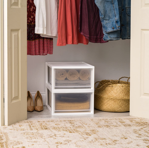 lot 3084 image: IRIS USA Stackable Storage Drawer, Plastic Drawer Organizer with Clear Doors for Pantry, Bedroom, Closet, Desk, Kitchen, Home and Office De-Clutter, Store Under-Sink, Shoes and Crafts - White, 2 Pack