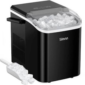 lot 3112 image: Silonn Countertop Ice Maker Machine, Portable Ice Makers Countertop with Handle, Makes up to 27 lbs. of Ice Per Day, 9 Cubes in 7 Mins, Self-Cleaning Ice Maker with Ice Scoop and Basket