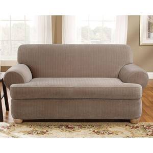 lot 3603 image: Sure Fit Stretch Pinstripe 2-Piece T-Cushion Loveseat Cover Brown