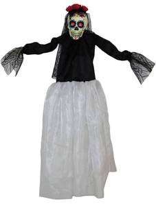 lot 4070 image: Haunted Hill Farm 32 in. Day of The Dead Bride  Decorative Skeleton Bride in White Skirt and Black Top Lace Veil  Bendable Arms & Lightweight  Day of The Dead Decorations  HHDODBRD-1H
