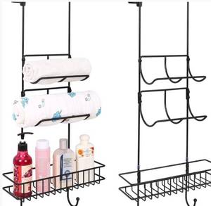 lot 19 image: Ezprotekt Over the Door Shower Caddy, Adjustable Clamp Bathroom Hanging Storage Organizer, Built-in Hooks, Towel Holders and Baskets on 3 Levels for Towels, Clothes, Shampoo, Conditioner, Soap, Loofahs