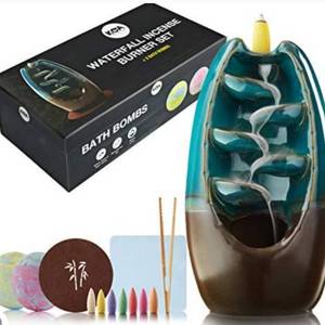 lot 55 image: Koa - set of hand made incense cascade burners with 2 additional bath pumps, ceramic return incense burner stand with 100 fragrant cones long lasting for that source of smoke incense, perfect gift set