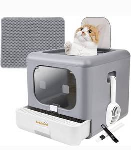 lot 59 image: Loobani foldable litter box for cats with lid, closed litter box and cover to avoid odor, spoon and rug toilet for easy cleaning, large cat toilet with drawer (grey)