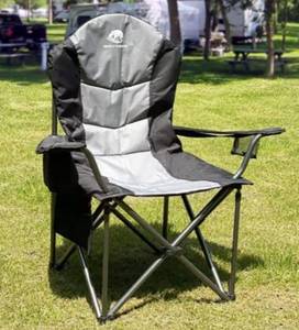 lot 73 image: Mouthen camping chair for adults, folding lawn chair for outdoor use, large padded camping chairs with lumbar support for the back, cooling bag, side pocket and 450 pounds for the head (black and grey)