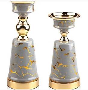 lot 74 image: Set of 2 candle holders in grey and golden pillar, elegant decorative stands for centerpiece, zinc ceramic base resistant and rust-resistant for dining room, living room, bedroom, home decor, white color