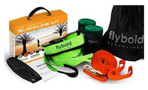 lot 82 image: Flybold slackline kit longest slack line line of 57 feet with training line tree protectors, arm trainer, ratchet cover and carrying bag tight rope lines for childrens backyard, adults