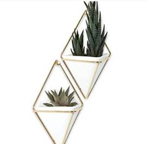 lot 89 image: Wall Plant Holder - Geometric Wall Decor, Hanging Wall Planter, Ideal for Succulent Plants, Air Plant, Faux Plants, Cactus, 6 White and Gold Wall Decor Pots, Container (Set of 2)