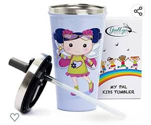 lot 109 image: Galbyn Designs --Kids Fairy Cups with Straws--16 ounces--spill proof lid with silicone tip--double wall stainless steel--vacuum insulated--easy to carry., pack of 2
