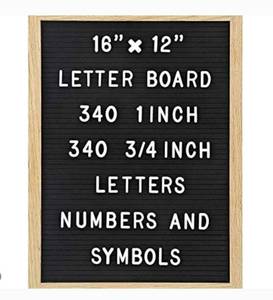 lot 140 image: Felt Letter Board with 680 Letters, Numbers, and Symbols, 16 x 12 Inches, Changeable Message Board for Quotes, Notes, and Announcements, Wood Frame, Wall and Table Farmhouse Decor, 2 Storage Bags, Black
