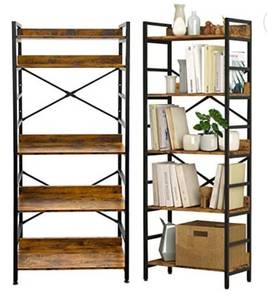 lot 168 image: Suaylla 5-Tier Adjustable Tall Shelving Unit, Open Back Standing Storage Organizer, Rustic Industrial Bookshelf for Living Room, Bedroom, Office