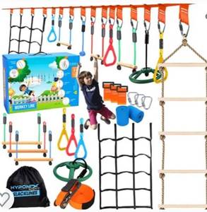 lot 175 image: Hyponix - 50-foot ninja warrior obstacle course for children, with net - weather resistant - childrens obstacle course - childrens ninja race outdoors - outdoor toys - slack ninja line