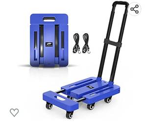 lot 226 image: SPACEKEEPER Folding Hand Truck, 500lbs Luggage Cart, Portable Folding Cart with 6 Wheels and 2 Bungee Cords for Luggage, Personal, Travel, Car, Moving and Office Use, Blue