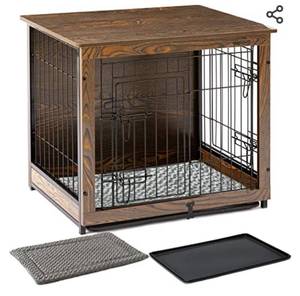 lot 249 image: Megidok Wooden Dog Crate Furniture with Cushion&Tray for Small Medium Large Dogs, Dog Crate End Table Furniture Style, Double Doors Decorative Dog Kennels Indoor, Easy to Assemble