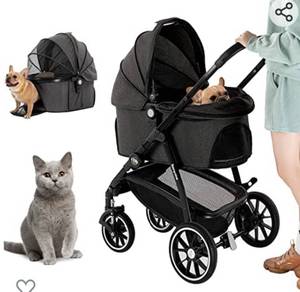 lot 265 image: Kenyone Small Medium Dog Stroller, 3 in 1 Folding Pet Travel System, Multi-Function Pet Stroller, Aluminum Alloy Frame Sturdy Up to 60lbs, Dog Car Seat, Pet Carrier for Dogs and Cats (Black)