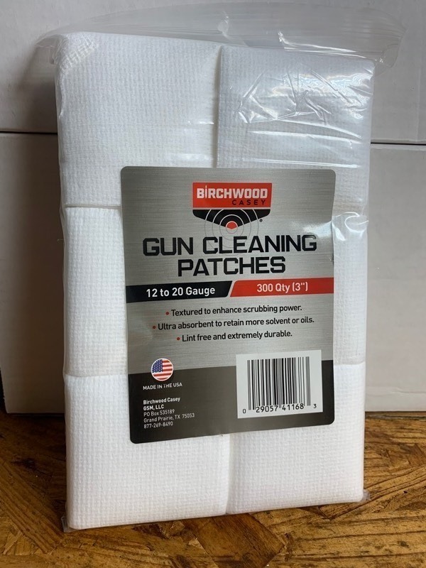 lot 136 image: New Birchwood Casey 300 Gun Cleaning Patches 12 to 20 Gauge