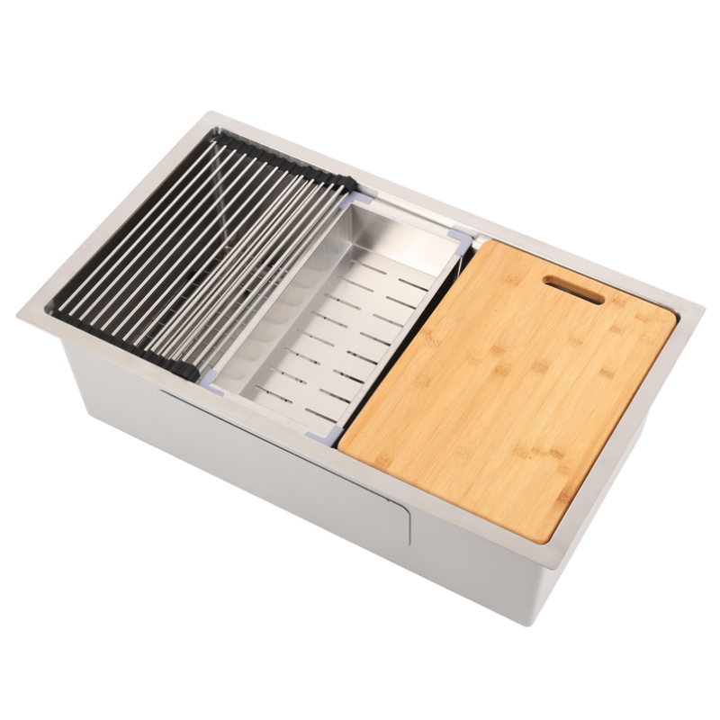 lot 214 image: New Sink Accessories Kit Cutting Board, Roll out Drying Rack, Sink Protector (15x29), and Draining Bin, and Sink Sealing Cover