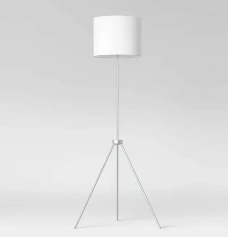 lot 291 image: 1 New Room Essentials Tripod Floor Lamp Silver Finish with LED Light Bulb 58in x 14in