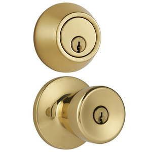 lot 39051 image: Hyper Tough Keyed Entry Tulip Style Doorknob and Deadbolt Combo Polished Brass Finish