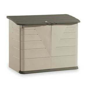 lot 1572 image: Rubbermaid 3 x 5ft Plastic Resin and Polycarbonate Storage Shed Beige and Gray