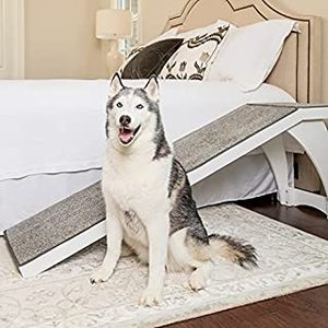 lot 1699 image: PetSafe CozyUp Bed Ramp - Durable Wooden Frame Supports up to 120 lb - Furniture Grade Wood Pet Ramp with White Finish - High-Traction Carpet Surface - Great for Older Dogs and Cats (B07V1ZX6J8), 70 x 16 x 25