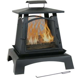 lot 10445 image: Sunnydaze Pagoda Style Steel Fire Pit - Metal Wood-Burning Enclosed Outdoor Fireplace with Log Grate and Poker - Modern Bonfire for Backyard and Patio - 32-Inch