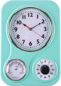lot 1694 image: Lilys Home Retro Kitchen Wall Clock, with a Thermometer and 60-Minute Timer, Ideal for Any Kitchen, Turquoise (9.5 in x 13.3 in)