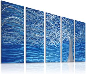 lot 1703 image: Unique Metal Wall Sculpture, Metal Wall Art with Tree Painting Design, Abstract Modern and Contemporary Dcor, Aluminum Blue Artwork, Indoor and Outdoor decoration, 5 panels