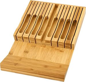 lot 2189 image: In-Drawer Knife Block,Bamboo Knife Drawer Organizer Insert, Kitchen Knife Drawer Storage for 16 Knives PLUS a Slot for your Knife Sharpener