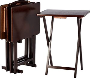 lot 3032 image: AmazonBasics Classic TV Dinner Snack Table Set 4 Tables 1 Holding Rack
