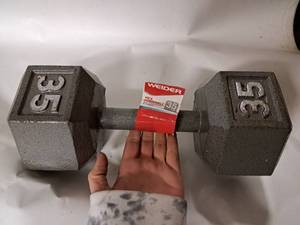 lot 5218 image: Weider Cast Iron Hex Dumbbell, 3-70 lbs with Knurled Grip