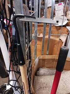 lot 5374 image: Lot of Outdoor Tools, a couple of hoes, 34 marking wand, and a bean hook