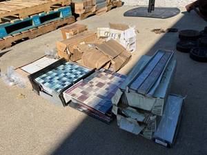 lot 6501 image: Pallet of wall floor and backsplash tile, travertine, slate, porcelain, raindrop mosaic