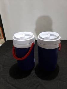 lot 8878 image: pair blue Rubbermaid thermos