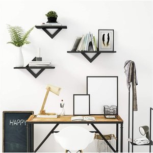 lot 1100002 image: Black Floating Shelves for Wall Wood Wall Shelves Set of 3 Wall Mounted Shelves for Bedroom Hallway Office Living Room Kitchen