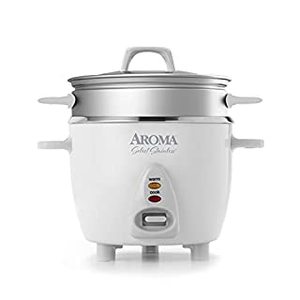 lot 1100006 image: Aroma Housewares 6-Cup (Cooked)  1.2Qt. Select Stainless Pot-Style Rice Cooker, & Food Steamer, One-Touch Operation, White (B08X13GVQQ)