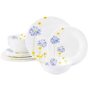 lot 1100007 image: Gibson Home Ultra Break and Chip Resistant Dinnerware Set, Round Service for 6 (18pcs), Blue Floral check design